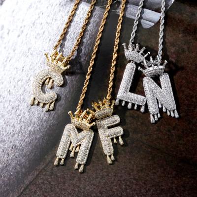 China Hiphop Hip Hop Jewelry For Women Personalized Crown Drip Letter Necklace Iced Out Drip Single Letter CZ Crown Pending Necklace for sale