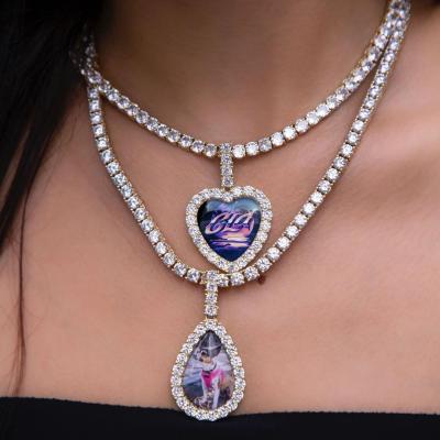 China 2021 Hip Hop Hip Hop Jewelry Iced Out CZ Zircon Lockets Drip Customize Picture Heart Pending Custom Photo Pendant Necklace for sale