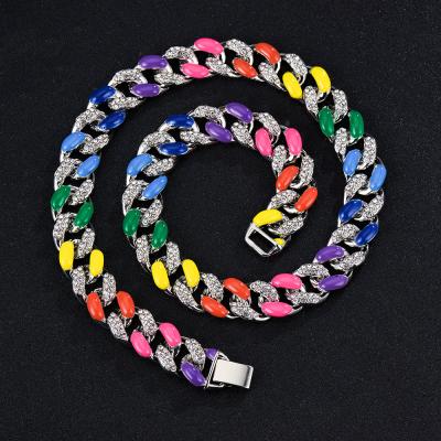 China Environmental Friendly Hip Hop Jewelry 18K Gold Plated Cuban Chain Iced Out Rhinestone Necklace Zinc Alloy Colorful Rainbow Miami Cuban Chain Necklace for sale