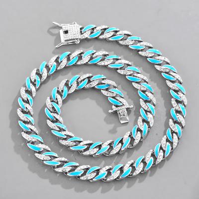 China Jewelry 10mm Lead Free Nickel Free Blue Hip Hop Cuban Chain Iced Out White Gold Rhinestone Zinc Alloy Necklace Miami Cuban Link Blue Chain Necklace for sale