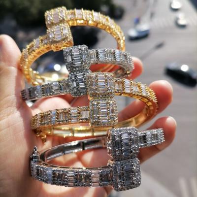 China 2021 Hiphop Hip Hop Jewelry For Women White Gold Diamond Bangle Iced Out CZ Square Cubic Zirconia Bracelet Bangle Bracelet for sale