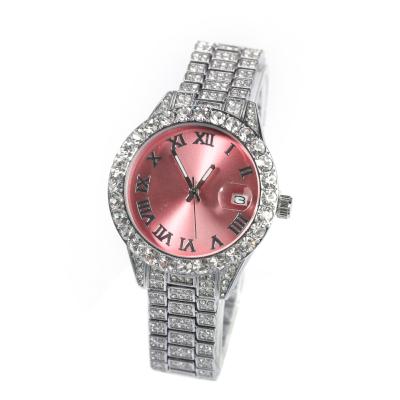 China Automatic Date Fashion Hip Hop Jewelry For Women Iced Out Wrist Waterproof Roman Watch Baby Pink Dial Diamond Watch Rhinestone Quartz Watch for sale