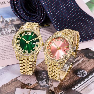 China Automatic Date Fashion Hip Hop Luxury Jewelry Iced Out Stainless Steel Roman Watch Baby Pink Dial Diamond Watch Rhinestone Quartz Watch for sale