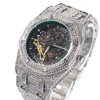 China Hip Hop Automatic Luxury Jewelry Date Bling Watch Iced Out CZ Wristwatch Full Diamond Luminous Hollow Mechanical Watch for sale