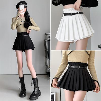 China Breathable Summer New Pleated Mini Skirt For Women Casual Classic Style Solid Color Belt Skirt Female A Line Short Skirt for sale