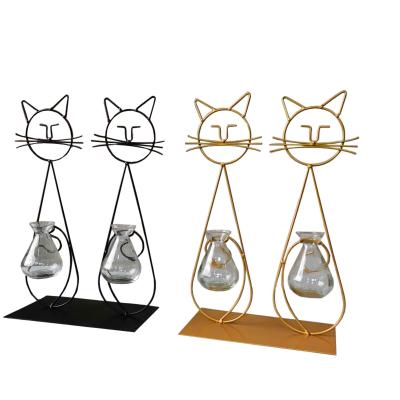 China Contemporary Nordic Style Creative Crafts Ornaments Cat Style Iron Metal Frame Desktop Glass Vase For Home Decoration for sale