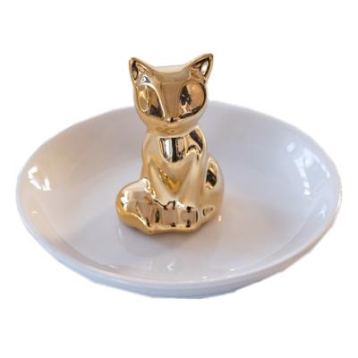 China Art Decor Home Decoration Jewelry Dish Display Gold Ceramic Fox Shape Ring Holder Ceramic Dish White Dish Tray for sale