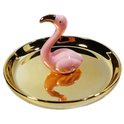 China Art Decor Pink Flamingo Shape Ring Holder with Gold Ceramic Jewelry Dish for Jewelry Dish Display Festival Gifts Home Deco for sale