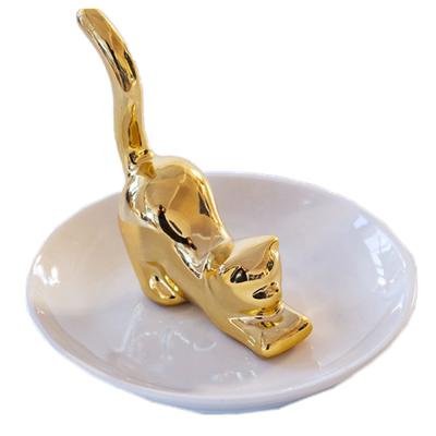 China Gold White Working Tray Ceramic Dish Table Storage Cat Ring Holder Jewelry Home Decor Art Decor Ceramic Dish Display for sale