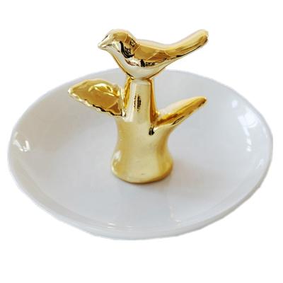 China Art Decor Golden Bird and Tree Ring Holder with White Ceramic Dish for Jewelry - Ceramic Jewelry Dish Display Festival Gifts for sale