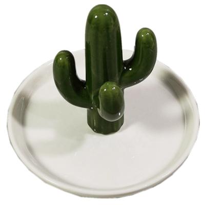 China Art Decor Green Cactus Shape Ring Holder with White Ceramic Dish for Jewelry - Ceramic Jewelry Dish Display Festival Gifts for sale