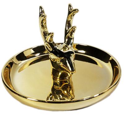 China Art Decor Golden Deer Head Ring Holder Shape With Jewelry Gold Ceramic Dish For Jewelry Dish With Animal Shape As Gift for sale