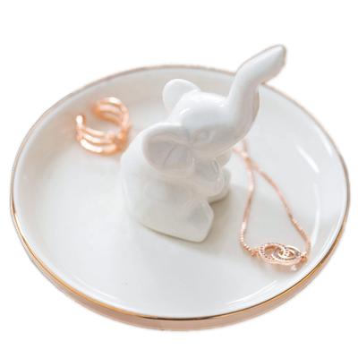 China Art Decor White Elephant Shape Ring Holder with White Ceramic Jewelry Dish for Jewelry Dish Display Festival Gifts Home Deco for sale