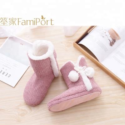 China Anti-Smell Women's Indoor Slipper Boots for Ladies Girls with Knitted Vamp and Pom Poms for sale