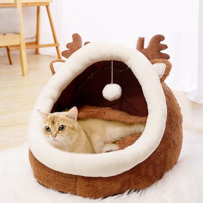 China Hot-selling 2021Amazon Cartoon Plush Lovely Warm Wholesale Sustainable Pet House Partially Enclosed Cat/Dog Bed Pet Bed And Accessories for sale