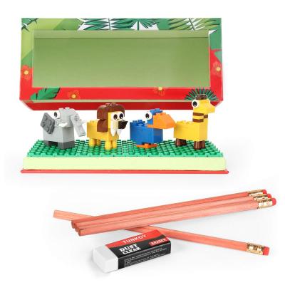 China eco-friendly material & Durable Student Children Gift Box School Supplies Stationery Gifts With Pencils And Animal Eraser Building Blocks Pencil Sharpener DIY for sale