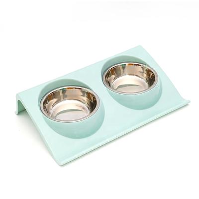 China Sustainable Pet Double Bowls Dog Food Water Feeder Stainless Steel Pet Dish Drinking Feeder Cat Puppy Feeding Double Bowl for sale