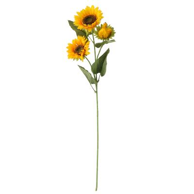 China Natural Wholesale Large Yellow Single Stem 3 Heads Touch Sunflower Artificial Stem for sale