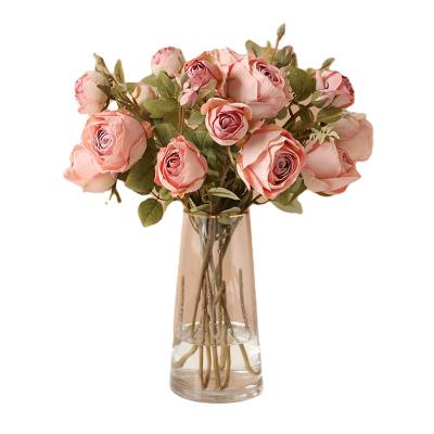 China Real Natural Touch Look Velvet 4 Heads Rose Flower Bouquet Artificial Single Stem Silk Rose Preserved Roses for sale