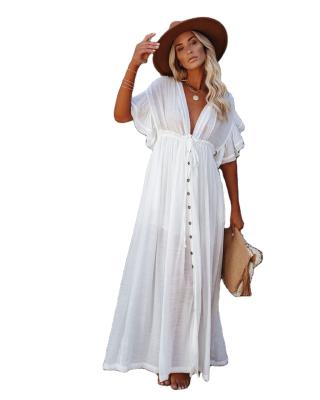 China Anti-Static Single Sleeve White Short Breasted Ruffle Sun Protection Breathable Beach Dress for sale