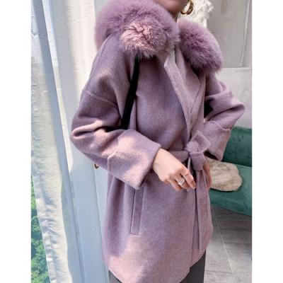 China Real Alpaca Breathable Oversized Wool Blend Cashmere Double Face Jacket Cardigan Fox Fur Winter Coat With Fur Hood for sale