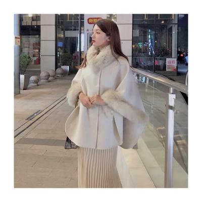 China Fashion breathable cashmere outwear 2021 real fox fur collar wool oversized women winter custom coat for sale