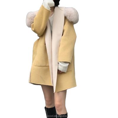 China Breathable Women Ladies High Quality Wool Coat Winter Real Fox Fur Trim Hood Riser Pour Woman Lux Long for sale