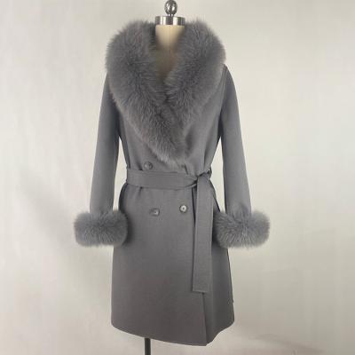 China The new fashion breathable gap outwear winter women's woolen coat cashmere fur slim fit belt coat along with fox fur for sale