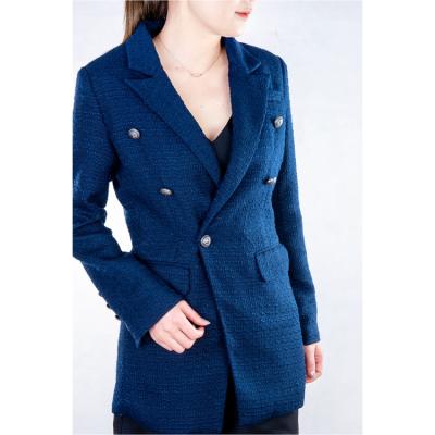 China Anti-wrinkle autumn and winter navy blue tweed blazer double breasted elegant slim fit jacket for women for sale