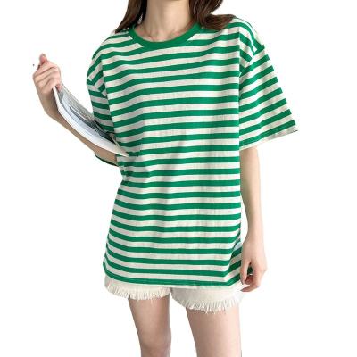 China Anti-wrinkle summer women's loungewear 100% cotton short sleeve printed crewneck T-shirt women's crop black and white striped top for sale