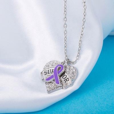 China Order CLASSIC Breast Cancer Awareness Ribbon Engraved Survivor Heart Pendant Necklace for sale