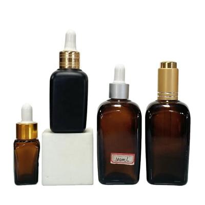 China Cosmetic 15ml 30ml 50ml 100ml Frosted Serum Black Amber Brown Square Dropper Essential Oil Glass Bottles for sale