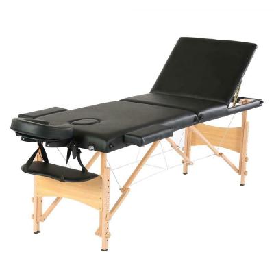 China Black 3 Section Portable Wooden Synthetic Leather Massage Table Facial Table Massage Bed for sale