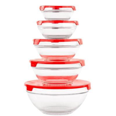 China Hot Selling Cheap Viable 5 Pcs Promotional Mixed Glass Storage Bowls With Color Lids For Vegetables for sale