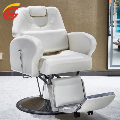 China Contemporary luxurious white barber chair for hair salon is made of high-end metal frame, which can be tilted and stretched for sale