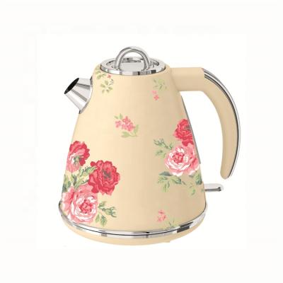 China Hotel Cafe School Unique Floral Printed Stainless Steel Electric Cordless Kettle 360 ​​Degree Rotation Base Home Appliances Specifications for sale