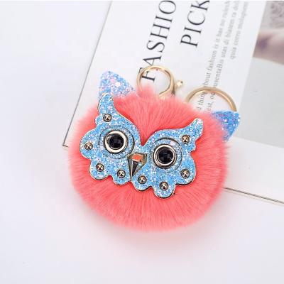 China Wholesale Custom Colored Fur Ball Faux Fur Ball Gold Glitter Owl Ball Pendant Ladies Bag Key Chain Fashion Key Chain Pom Pom Promotion Gift Key Chain for sale