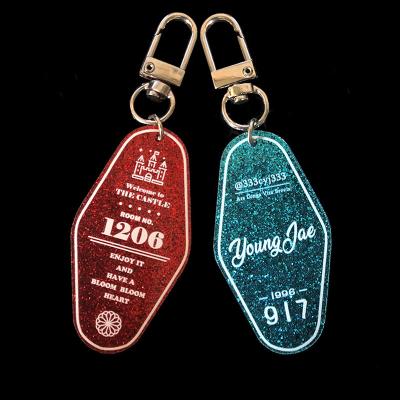 China Wholesale Empty Plastic Glitter Eco-friendly Custom Fashion Cute Hotel Motel Key Chains Plastic Key Chains for sale