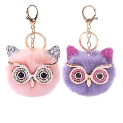 China Wholesale Custom Colored Fur Ball Faux Fur Ball Gold Glitter Owl Ball Pendant Ladies Bag Key Chain Fashion Key Chain Pom Pom Promotion Gift Key Chain for sale