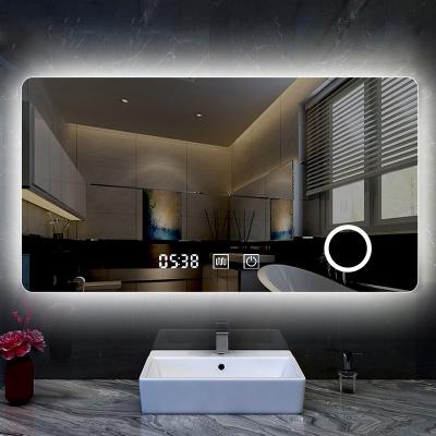 China Customized Wall Hanging LED Lighted Rectangle Switch HD Morden Bluetooth Speaker Bathroom Decorative Smart Decorative Single Mirror for sale