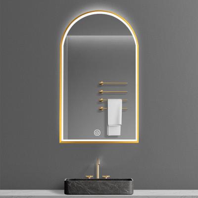 China Arch Gold Aluminum Alloy Sight LED Touch Switch HD Bright Smart Wall Hanging Customized Decorative Morden Bathroom Mirror for sale