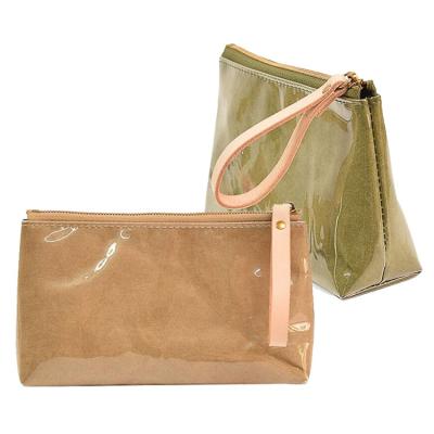 China Environmental Friendly Custom Green Washable Tyvek Kraft Paper Makeup Travel Cosmetic Bag for sale