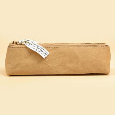 China Environmental Friendly Custom Print Recycled Kraft Paper Cute Washable Pencil Pen Bag for sale