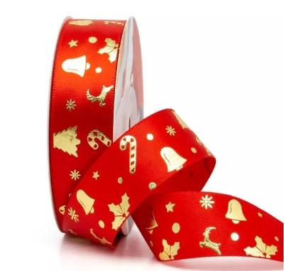 China Sustainable High Quality Colored Decorative Hot Stamp Satin Gold Ribbon For Christmas for sale