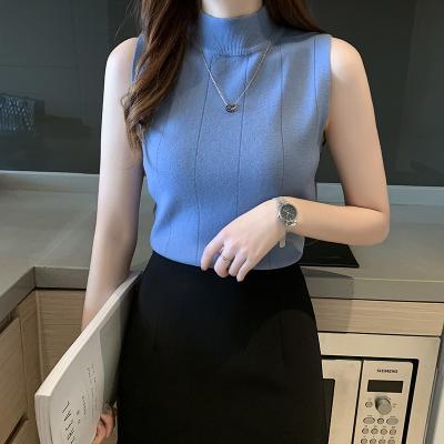 China 2021Women Anti-wrinkle Girls' First Autumn New Korean Style Solid Sweater Color Stand Collar Sleeveless Knitted Depression Slim Knitwear for sale