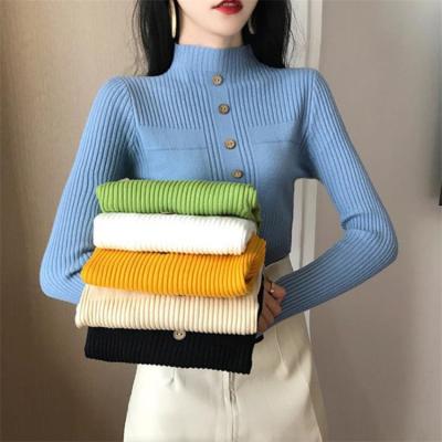 China Custom Knitted Front Turtle Neck Sweater Knitwear Women New Anti-Wrinkle Turtle Neck Women Sweaters Girl Cotton Pullover Button Front for sale