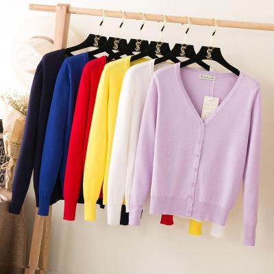 China 2021 Autumn Winter Pure Color Women Anti-wrinkle Knitted V Neck Long Sleeve Basic Cardigan for sale