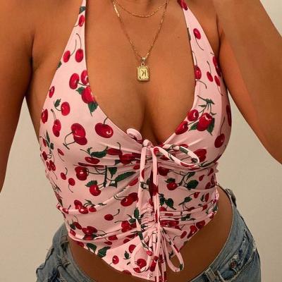 China Breathable Floral Women Print Hollow Out Corset Up Tie Up Sleeveless Ruched Boning Casual Camisole Bustier Tank Top Summer Sexy Crop Top for sale