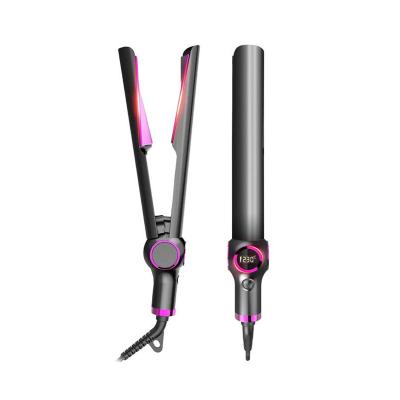 China Professional Car Salon Negative Ion LCD Display Straighten Curling Iron Creasing Styling 2 in 1 Hair Straightener and Curler for sale