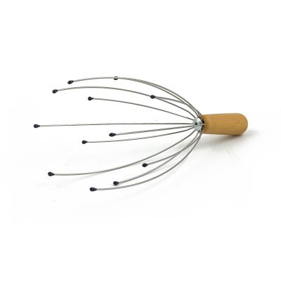 China Hot Selling Wooden Head Handle Scalp Massager Octopus Stainless Steel Handheld Scalp Massager Stress Relax Head Massager for sale